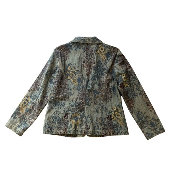 Chicos Embellished Denim Jacket Size 2 Floral Print Beaded Boho Festival - Picture 4 of 7